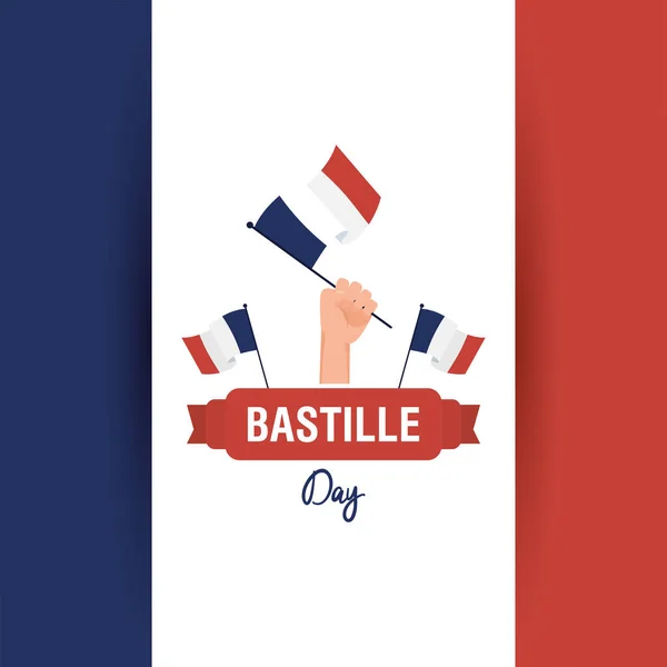 Celebración del día de la bastilla con banderas de Francia — Vector de stock