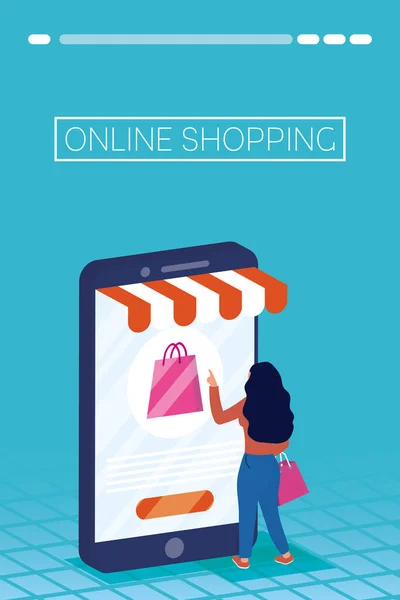 Frau nutzt Online-Shopping im Smartphone — Stockvektor