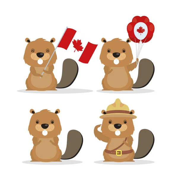 Boldog kanadai nap aranyos hódokkal — Stock Vector