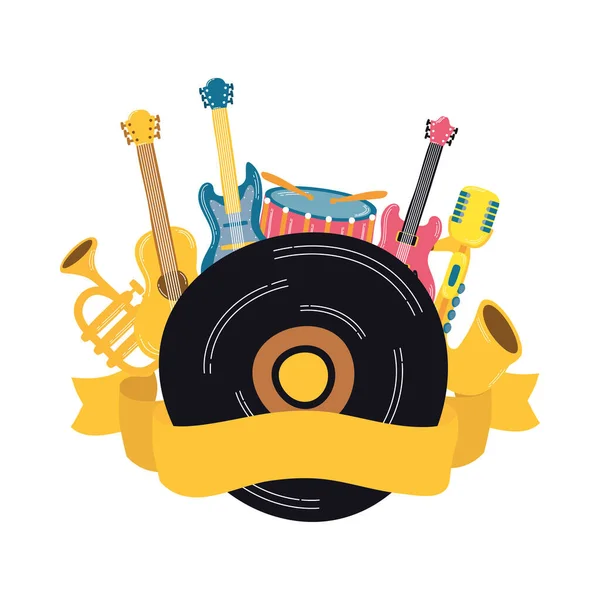 Disco de vinilo de música con instrumentos — Vector de stock