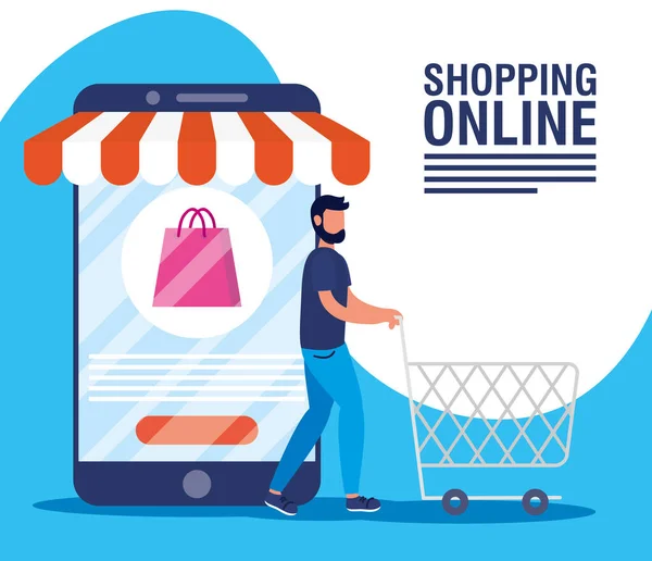 Mann nutzt Online-Shopping im Smartphone — Stockvektor