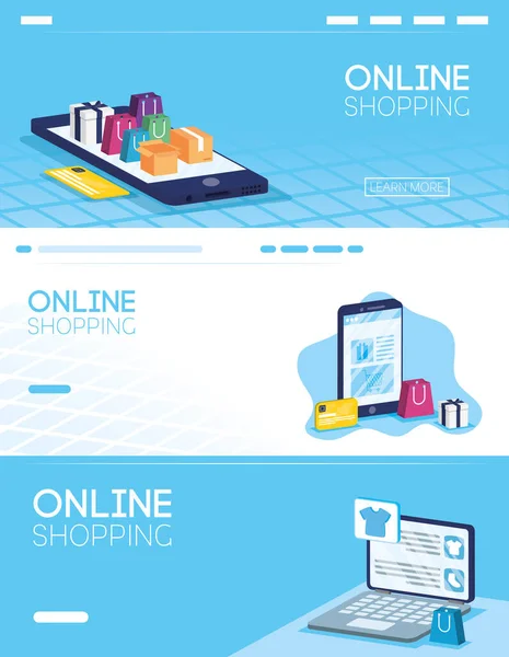 Shopping online tech in smartphone e laptop — Vettoriale Stock