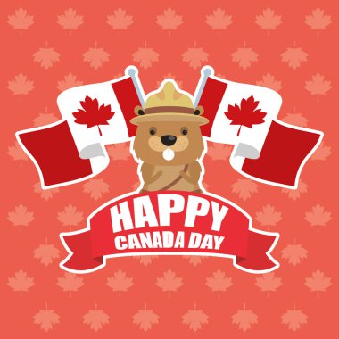 happy canada day with beaver and flag clipart