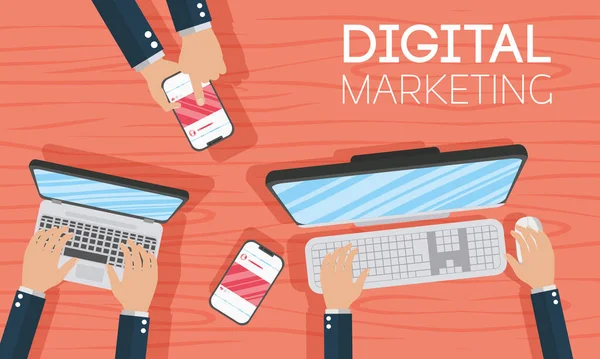 Tecnologia de marketing digital com laptop e smartphone — Vetor de Stock