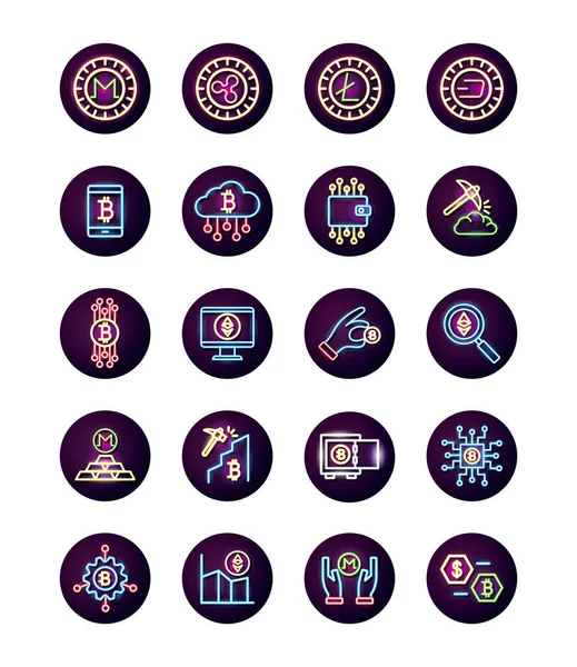Bundle of crypto currency icons neon style — Stock Vector