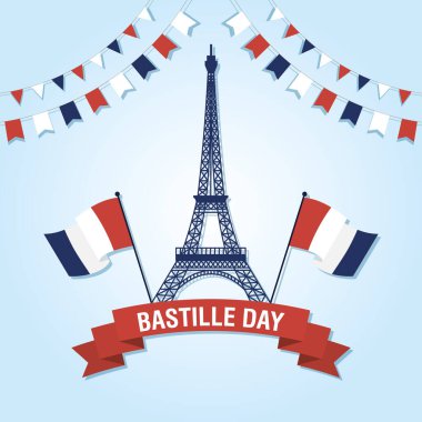 Eyfel Kulesi ve bayrak ile Bastille Günü kutlamaları