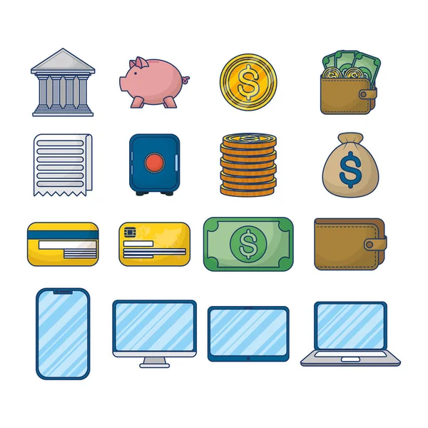 Bundle of banking online technology set icons — Stock Vector