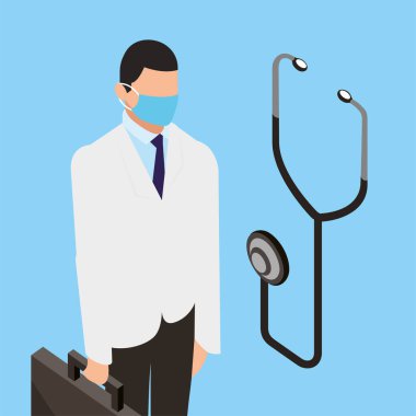 Profesyonel doktor steteskoplu yüz maskesi kullanıyor.