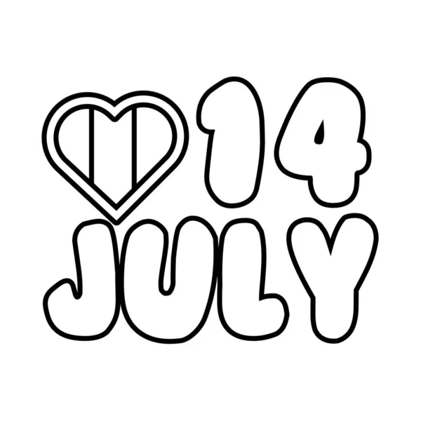 Bandeira da frança no coração com 14 estilo de linha de julho —  Vetores de Stock