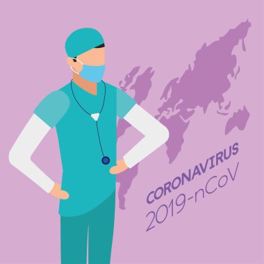 Dünya haritalı yüz maskesi kullanan profesyonel bir doktor.