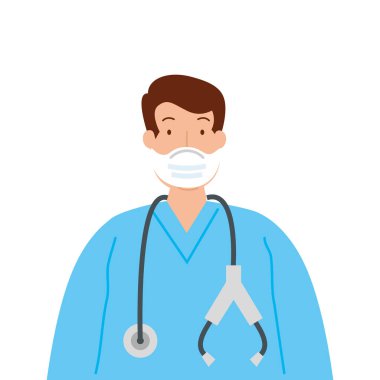 Erkek doktor beyaz arka planda kovid 19 'a karşı tıbbi koruyucu maske kullanıyor.