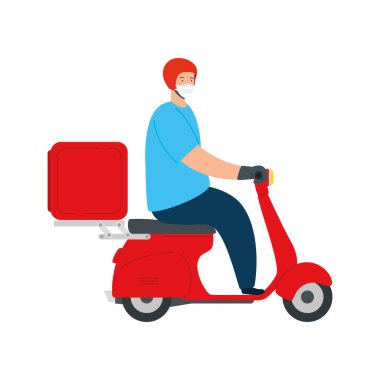Koronavirüsün önlenmesi sırasında malların teslimi sırasında, motosiklette yüz maskesi kullanan kurye işçi