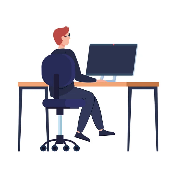 Junger Mann mit Desktop-Computer, sitzt im Stuhl mit Schreibtisch — Stockvektor