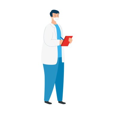 Erkek doktor beyaz arka planda kovid 19 'a karşı tıbbi koruyucu maske kullanıyor.