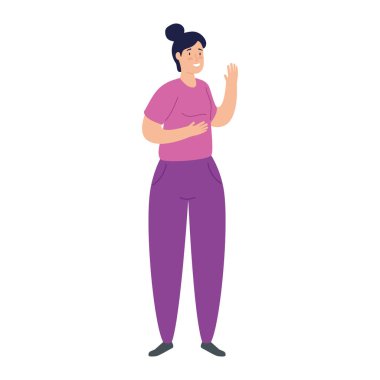 Beyaz arka planda el sallayan genç bir kadın