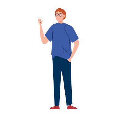 Beyaz arka planda gözlüklü genç adam.