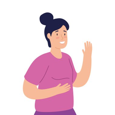 Beyaz arka planda el sallayan genç bir kadın