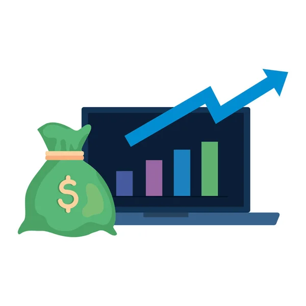 Bolsa de dinero, bolsa de dinero dibujos animados y signos en dólares y portátil con infografía. — Vector de stock