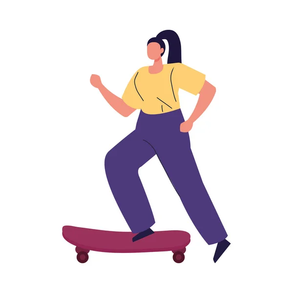 하얀 배경 위에서 스케이트보드를 타고 있는 여자 — 스톡 벡터