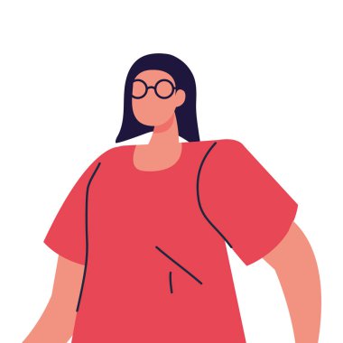 Beyaz arka planda gözlüklü, yüzü olmayan genç bir kadın.