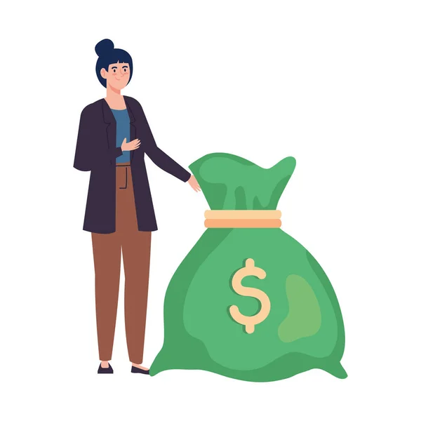 Kvinna med pengar väska, pengar väska tecknad film och dollar tecken — Stock vektor