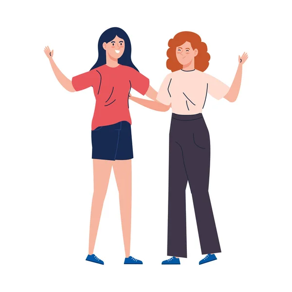 Mujeres felices juntas, grupo de amigas, hermandad sobre fondo blanco — Vector de stock