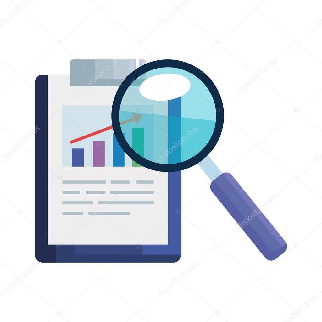 business profit statistics in clipboard with magnifying glass on white background
