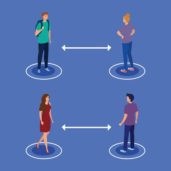 Soziale Distanzierung, Abstand halten in der öffentlichen Gesellschaft zu Menschen, die sich vor Zwangsheirat schützen, Gruppe junger Menschen — Stockvektor