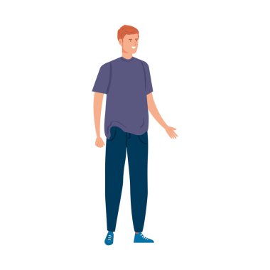 Beyaz arka planda gündelik kıyafetleri olan yakışıklı bir genç.