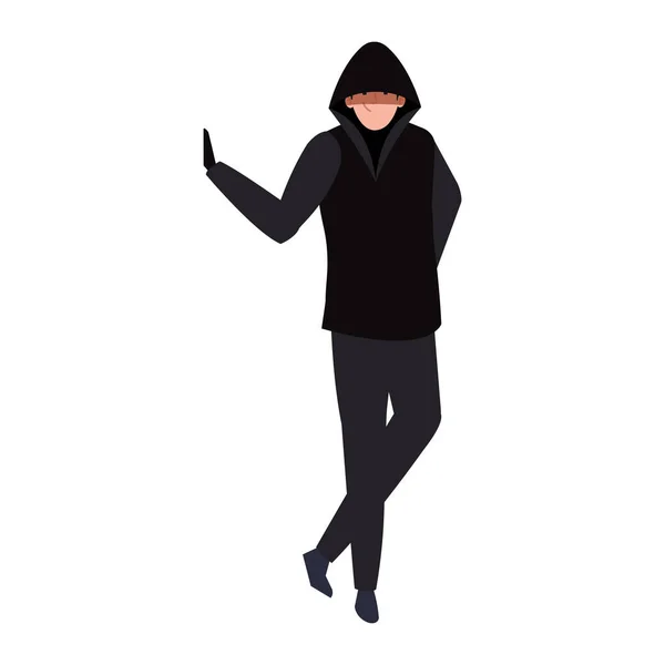 Hacker con ropa negra sobre fondo blanco — Vector de stock