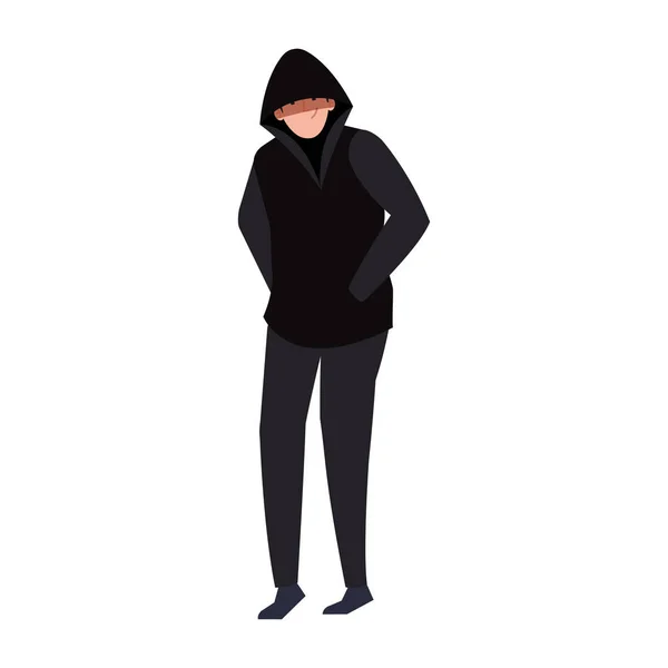 Hacker con ropa negra sobre fondo blanco — Vector de stock