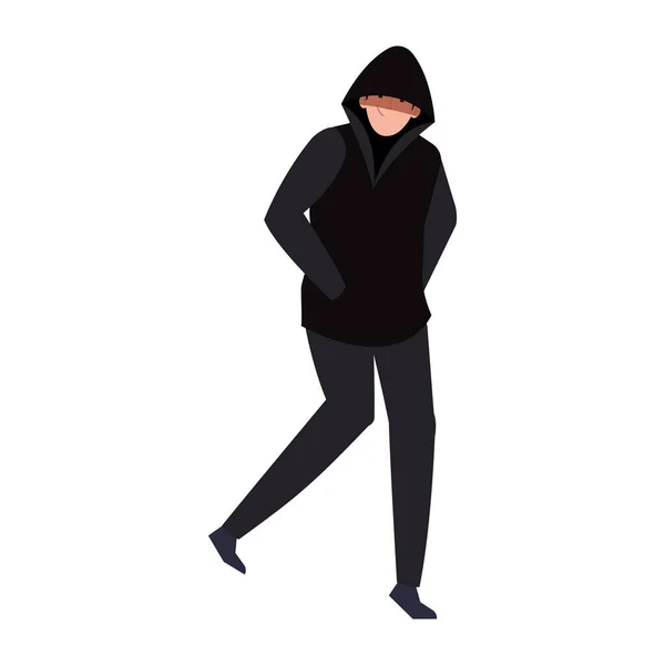 Hacker con ropa negra sobre fondo blanco — Vector de stock