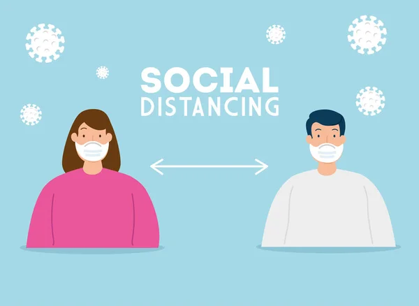 Distanza sociale, mantenere la distanza nella società pubblica per le persone proteggono da covid 19, coppia utilizzando maschera — Vettoriale Stock