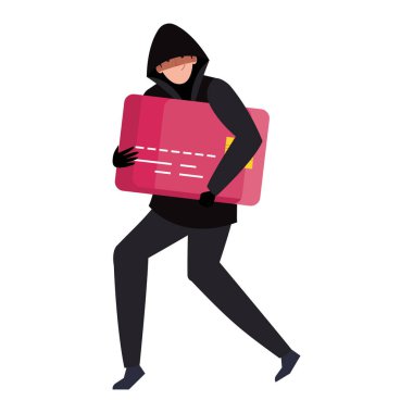 Beyaz arka planda kredi kartı olan bir bilgisayar korsanı.