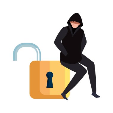 Beyaz arkaplanda asma kilidi olan hacker