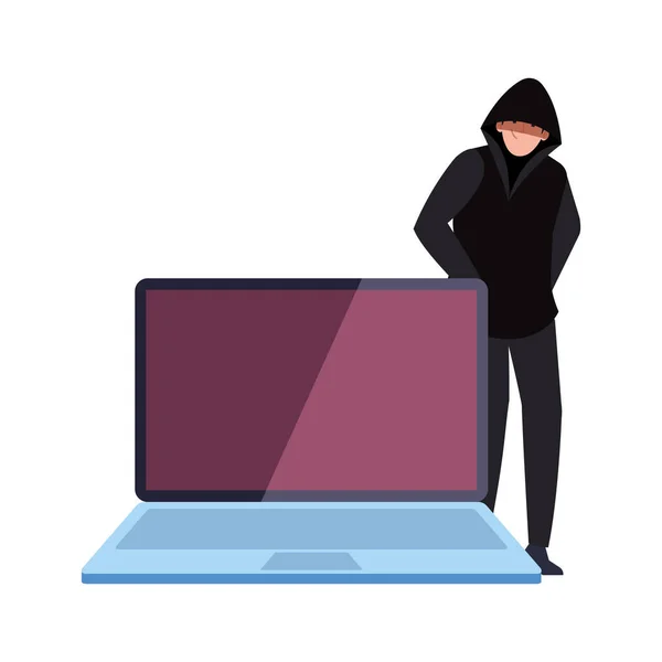 Hacker con ordenador portátil sobre fondo blanco — Vector de stock