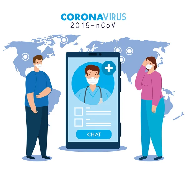 Medicina on-line, medico consulta i pazienti in smartphone on-line, covid 19 pandemia — Vettoriale Stock