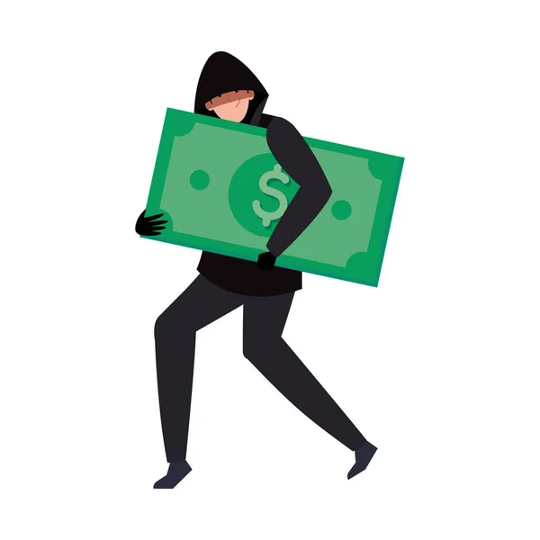 Hacker con dinero en efectivo en dólares sobre fondo blanco — Vector de stock