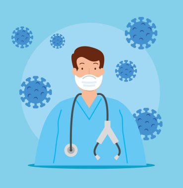 Erkek doktor kovid 19 'a karşı tıbbi koruyucu maske kullanıyor.