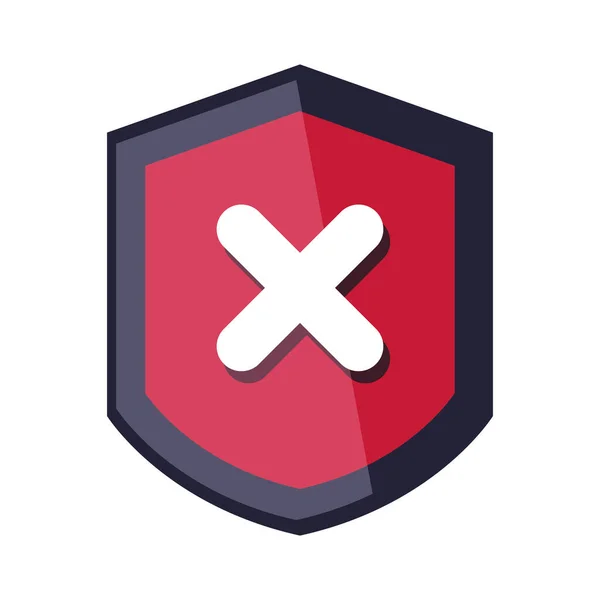 Escudo vermelho com ícone de marca x, aviso de recusa, no fundo branco — Vetor de Stock