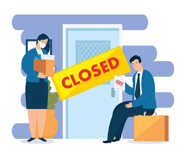 Coronavirus, ανεργία, άνεργος από covid 19, εταιρεία έκλεισε και οι επιχειρήσεις έκλεισαν, επιχειρηματίες, πόρτα κλειστή εταιρεία — Διανυσματικό Αρχείο