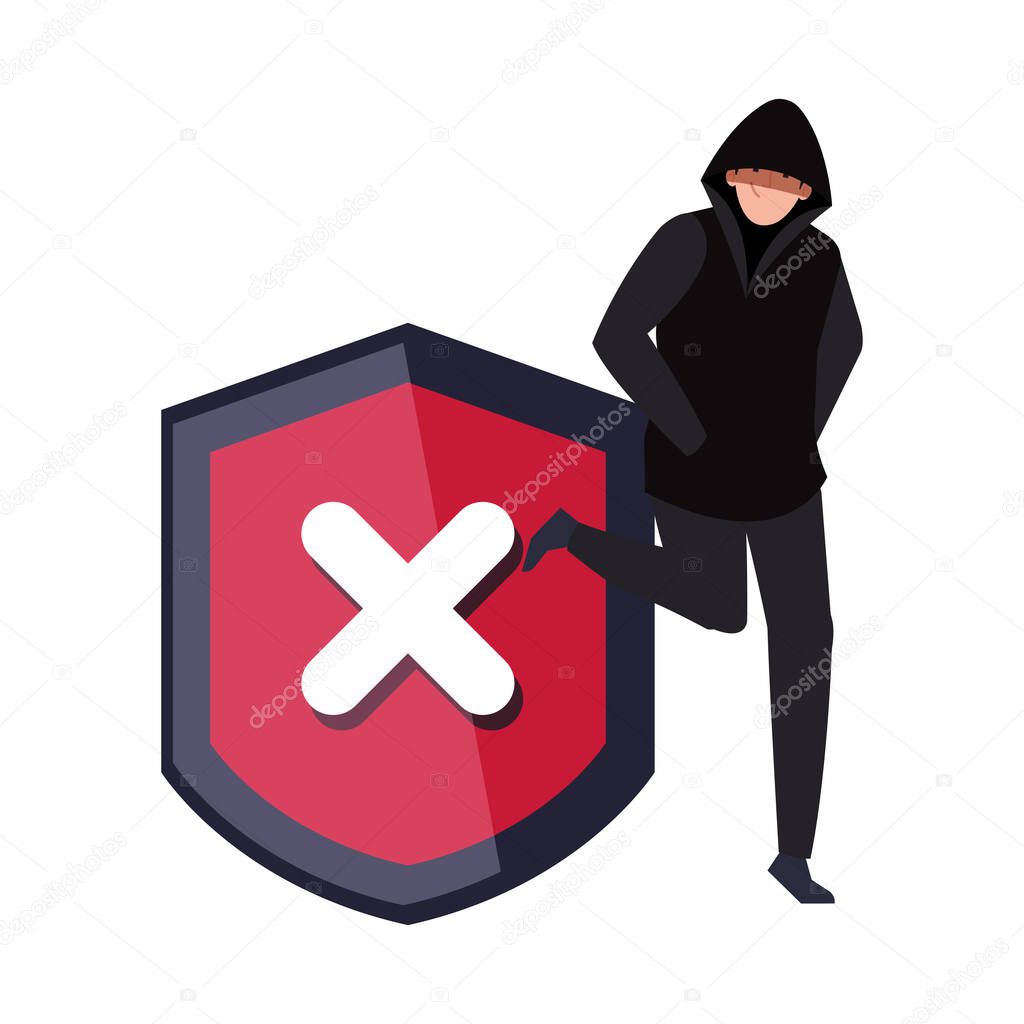 hacker with shield on white background