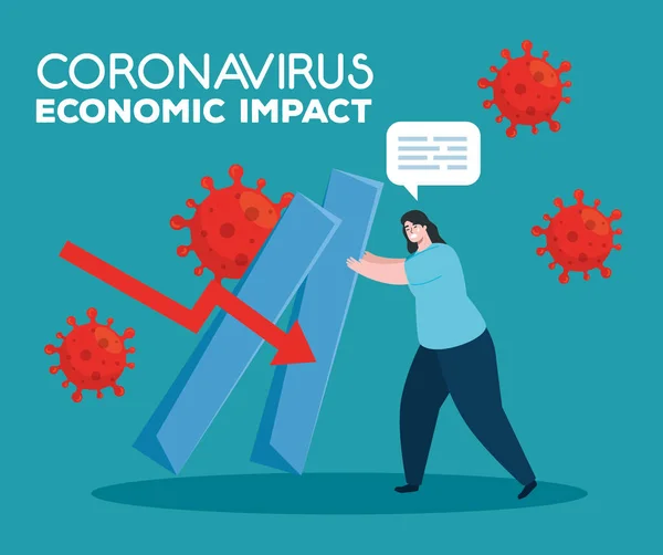 Coronavirus 2019 ncov impact wereldeconomie, covid 19 virus make down economie, wereldeconomie impact covid 19, vrouw met infographic down — Stockvector
