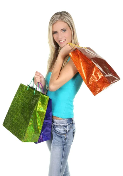Магазинная дама с красочными сумками — стоковое фото
