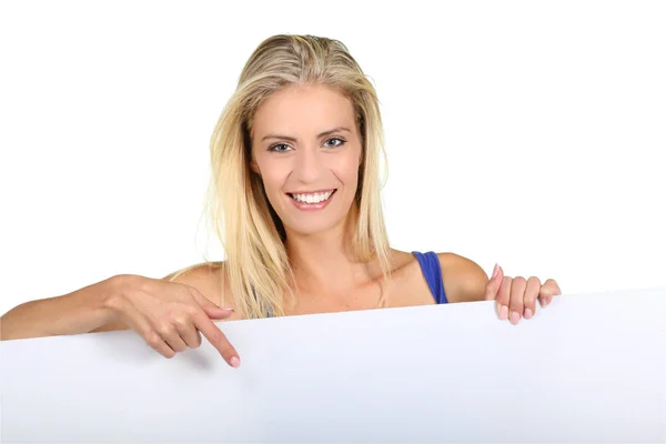 Junge Frau mit Schild überrascht — Stockfoto