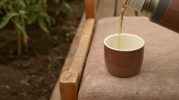 Thermos avec thé versé dans le jardin — Video