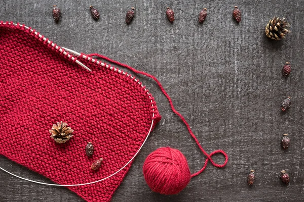 Knitting, cones and dryed hips on black background — Stock Photo, Image