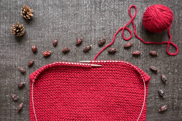 Knitting, cones and dryed hips on black background — Stock Photo, Image