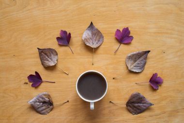 Kahve ve kurutulmuş ve kırmızı sonbahar yaprakları