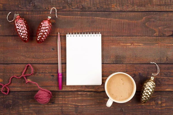 Flatlay background with knitting, coffee and a copyspace 스톡 사진